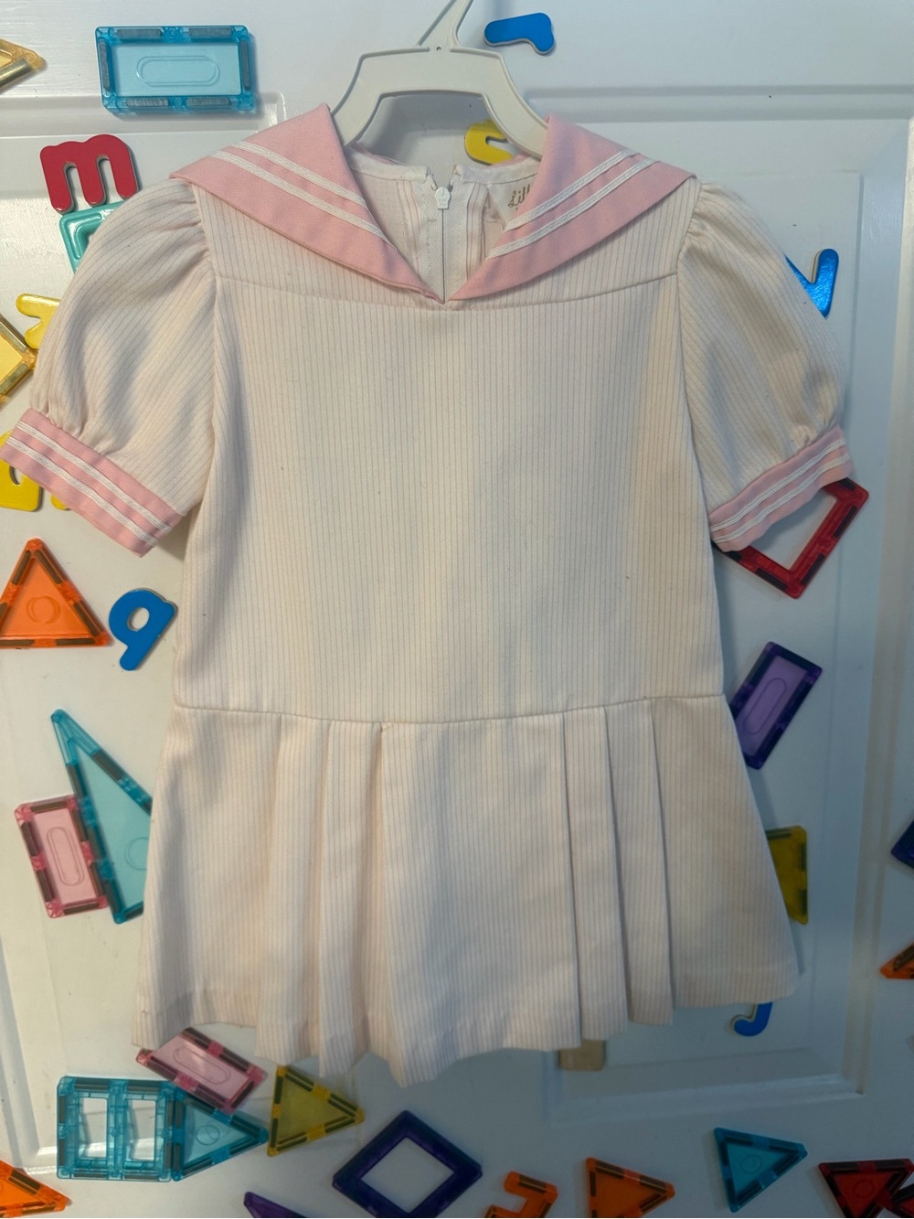 Cream and Pink Sailor-Style Pleated Girls Dress
